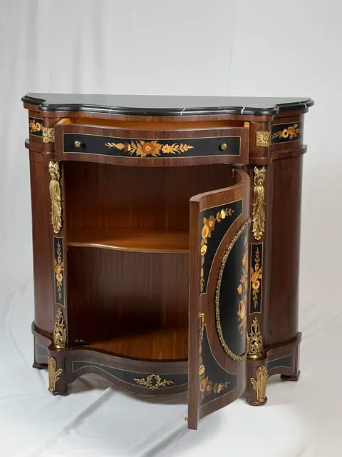 The curved end of the cabinet with the second door open.